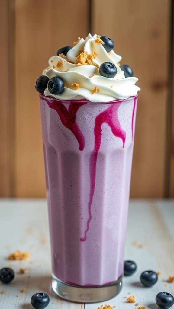 Indulgent Blueberry Muffin Frappuccino Recipe Blueberry Muffin Frappuccino in a tall glass with whipped cream and blueberries on a wooden table.